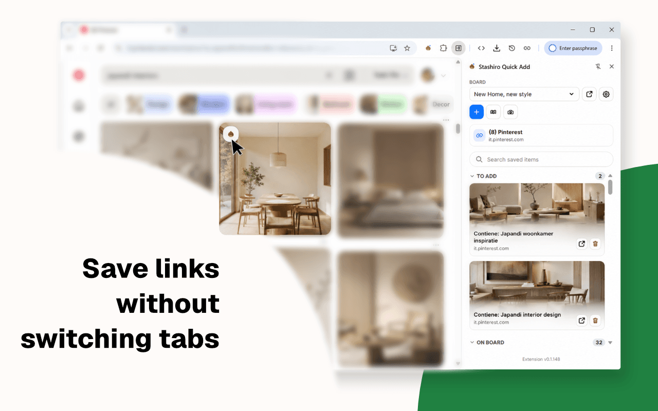 Stashiro browser extension saving Pinterest links without switching tabs