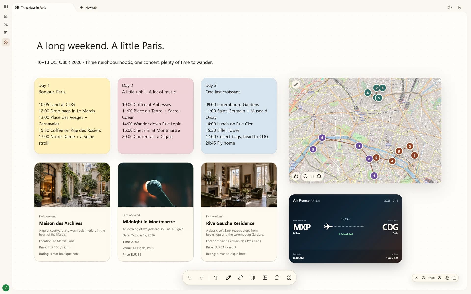 Stashiro travel board with three Paris day plans, a route map, hotel cards, flight tickets and a hotel comparison table.