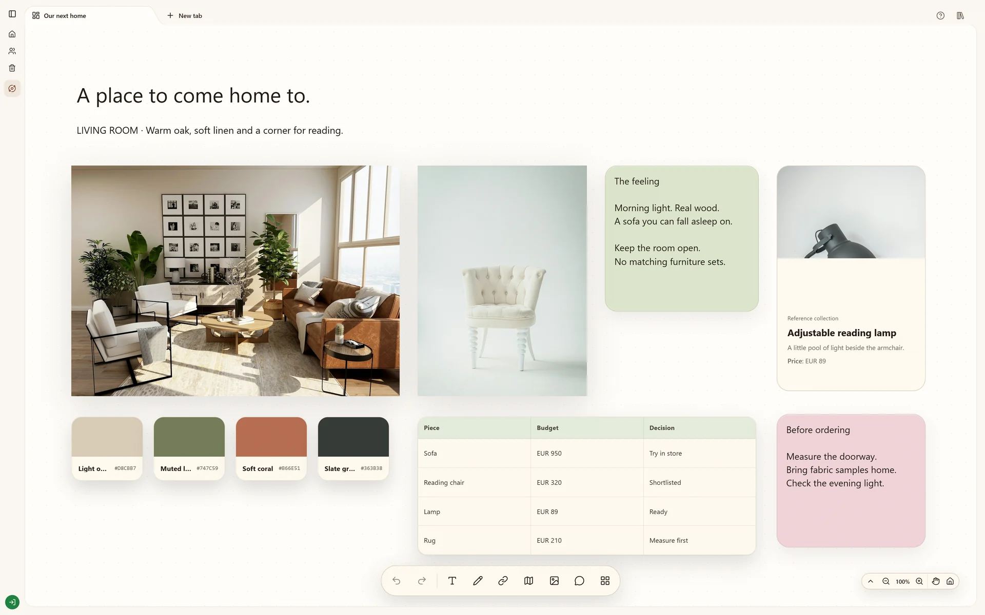 Stashiro board collecting home references, images, notes and comparison material for a future home.