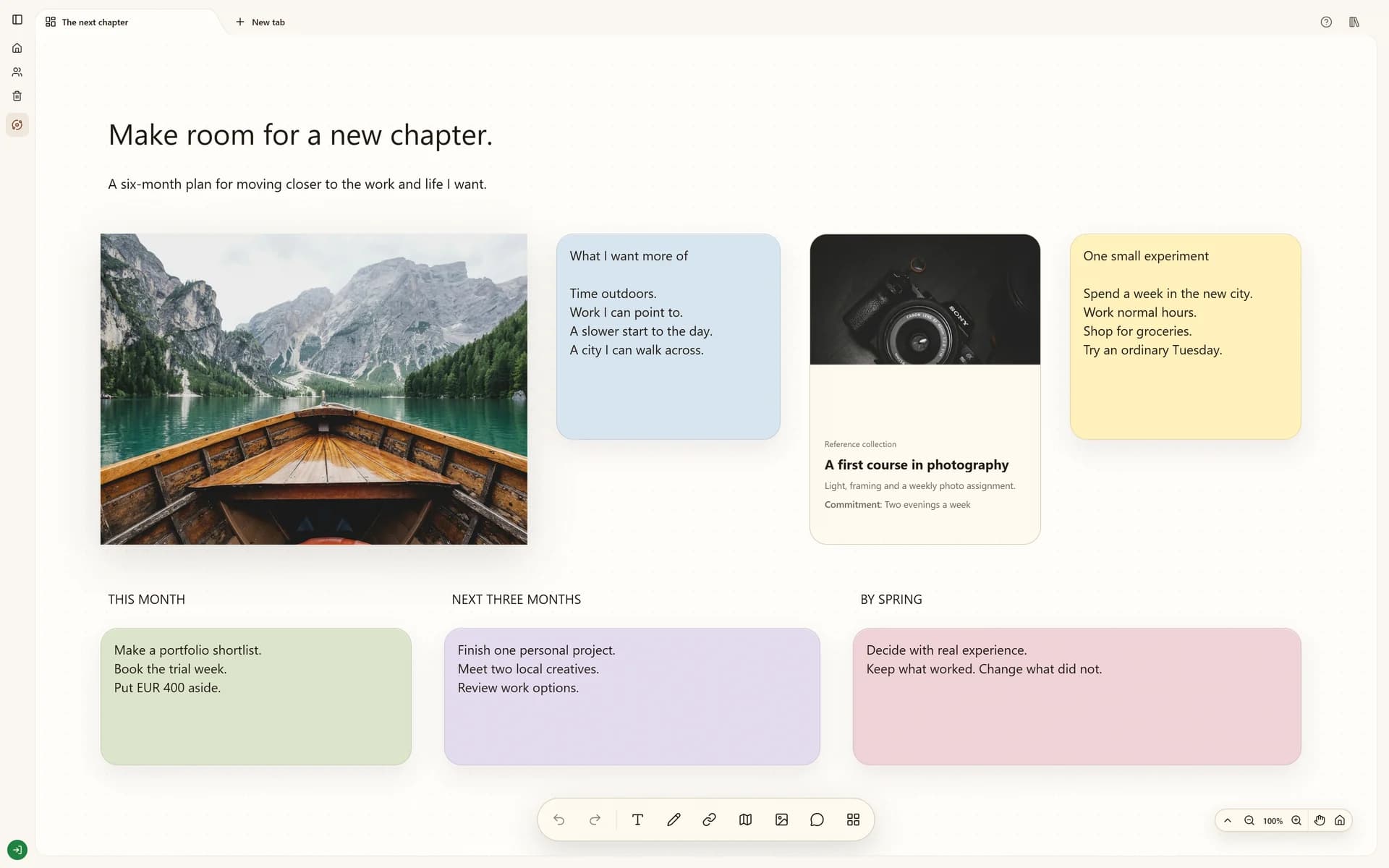 Stashiro personal planning board with reference imagery, notes and options for a new chapter.