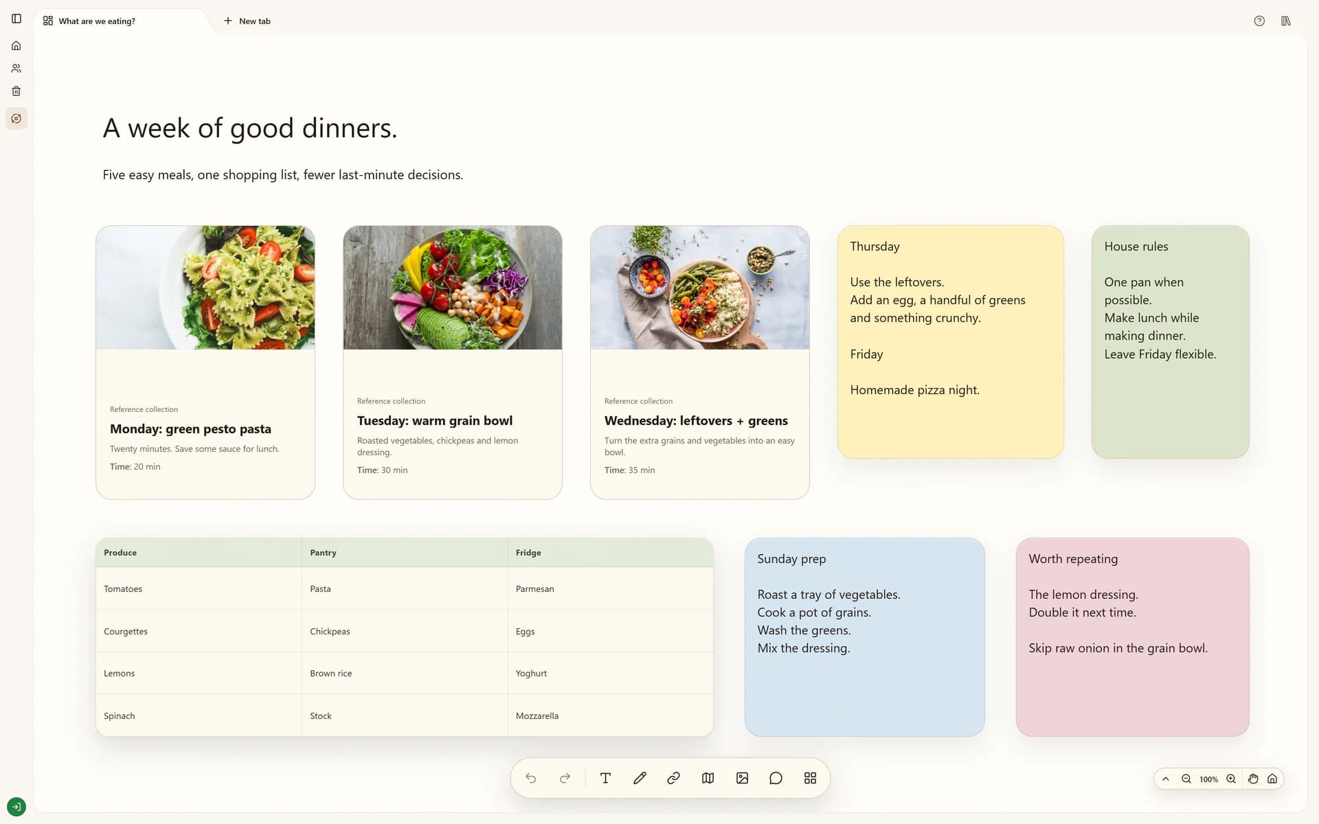 Stashiro meal planning board with recipe imagery, daily meal notes and shopping information.