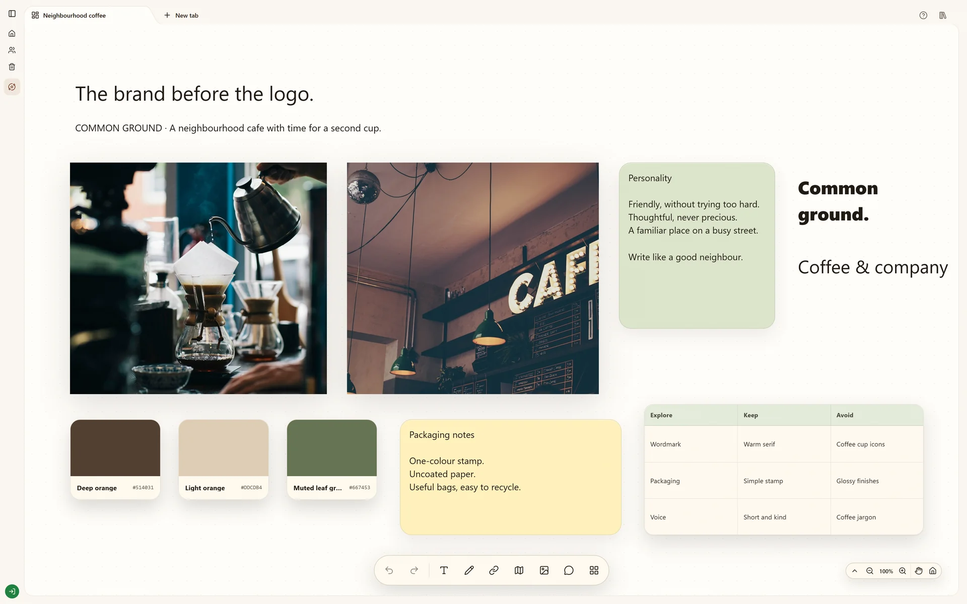 Stashiro coffee branding board with packaging and photography references alongside brand notes.