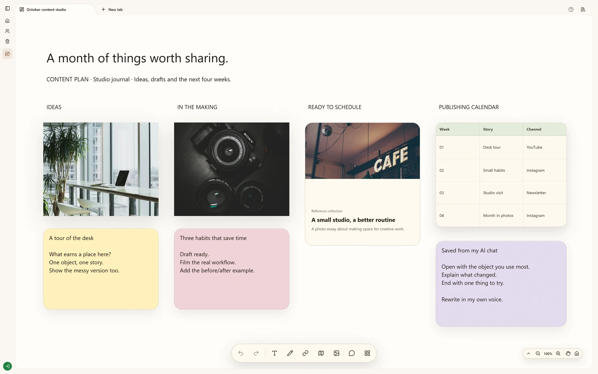 Stashiro content planning board with publishing ideas, visual references and calendar-style planning material.