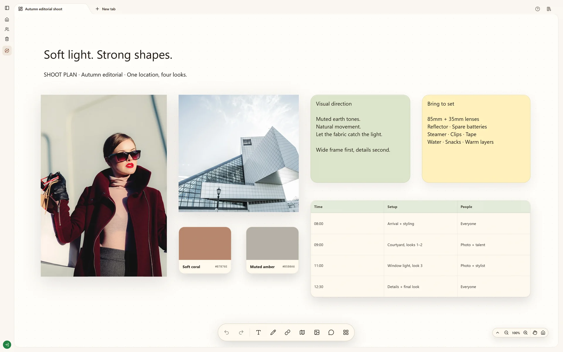 Stashiro editorial photography board combining image references, creative notes and shoot planning cards.