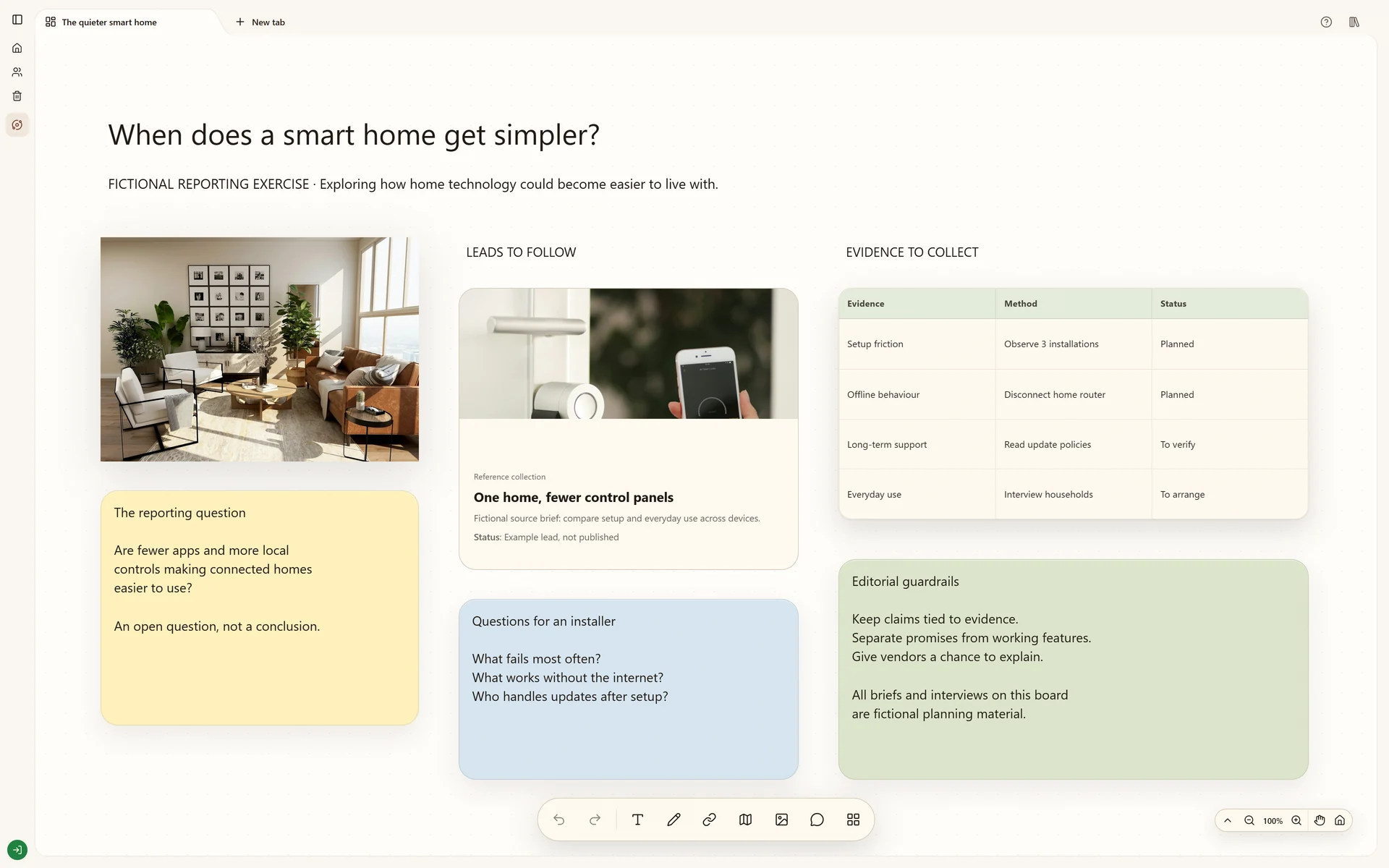 Stashiro fictional technology reporting board with smart-home research sources, reporting notes and connected questions.