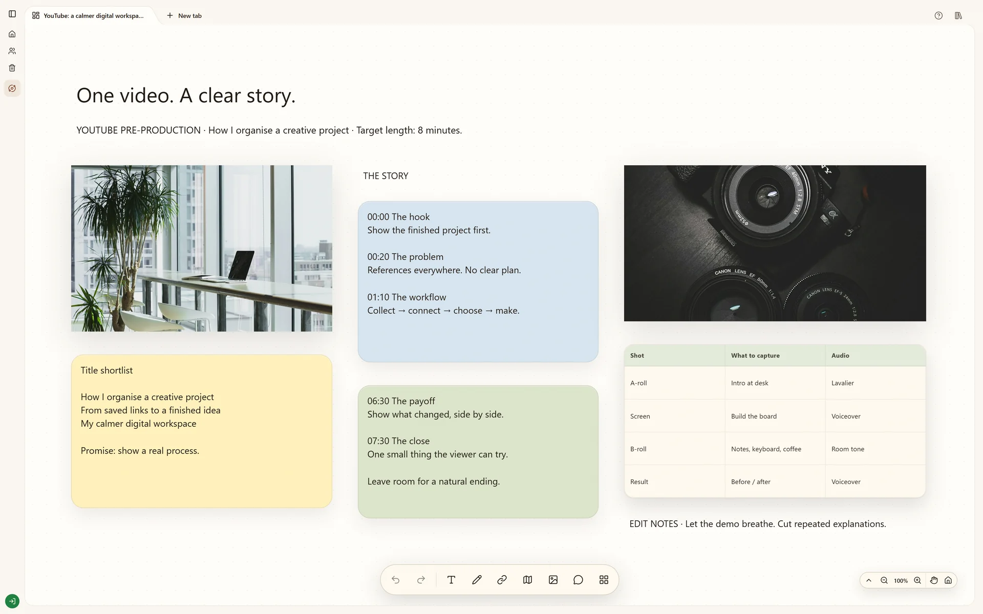 Stashiro YouTube production board with video references, a script outline, shot ideas and production notes.