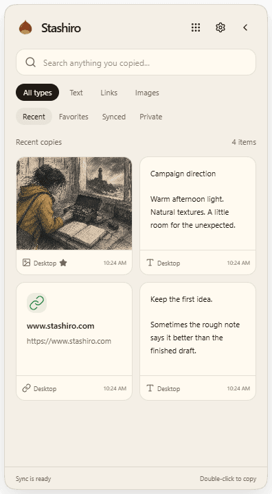 Stashiro desktop clipboard widget in its light theme, showing search, type filters, favorites and four example copies.